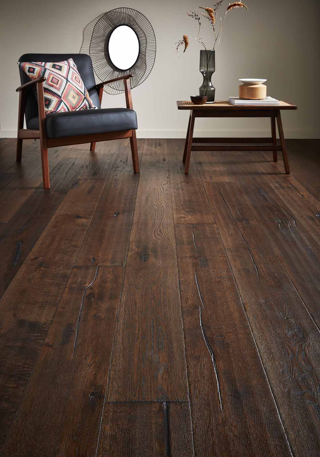 A sample of installed premium hardwood flooring.